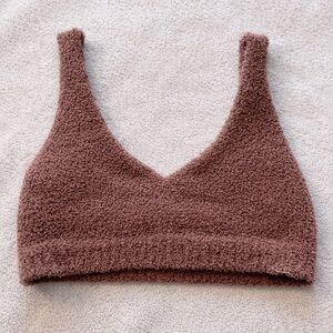 Fashion Nova Brown Fuzzy Knit Bralette Crop Top – Cozy Stretch Lounge Bra (S)